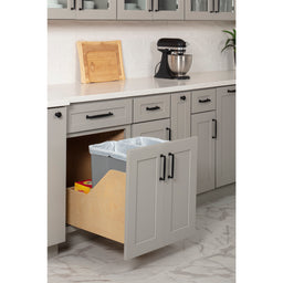 Double 35 Quart Wood Bottom-Mount Soft-close Trashcan Rollout for Door Mounting, Includes Two Grey Cans and Door Joining Bracket