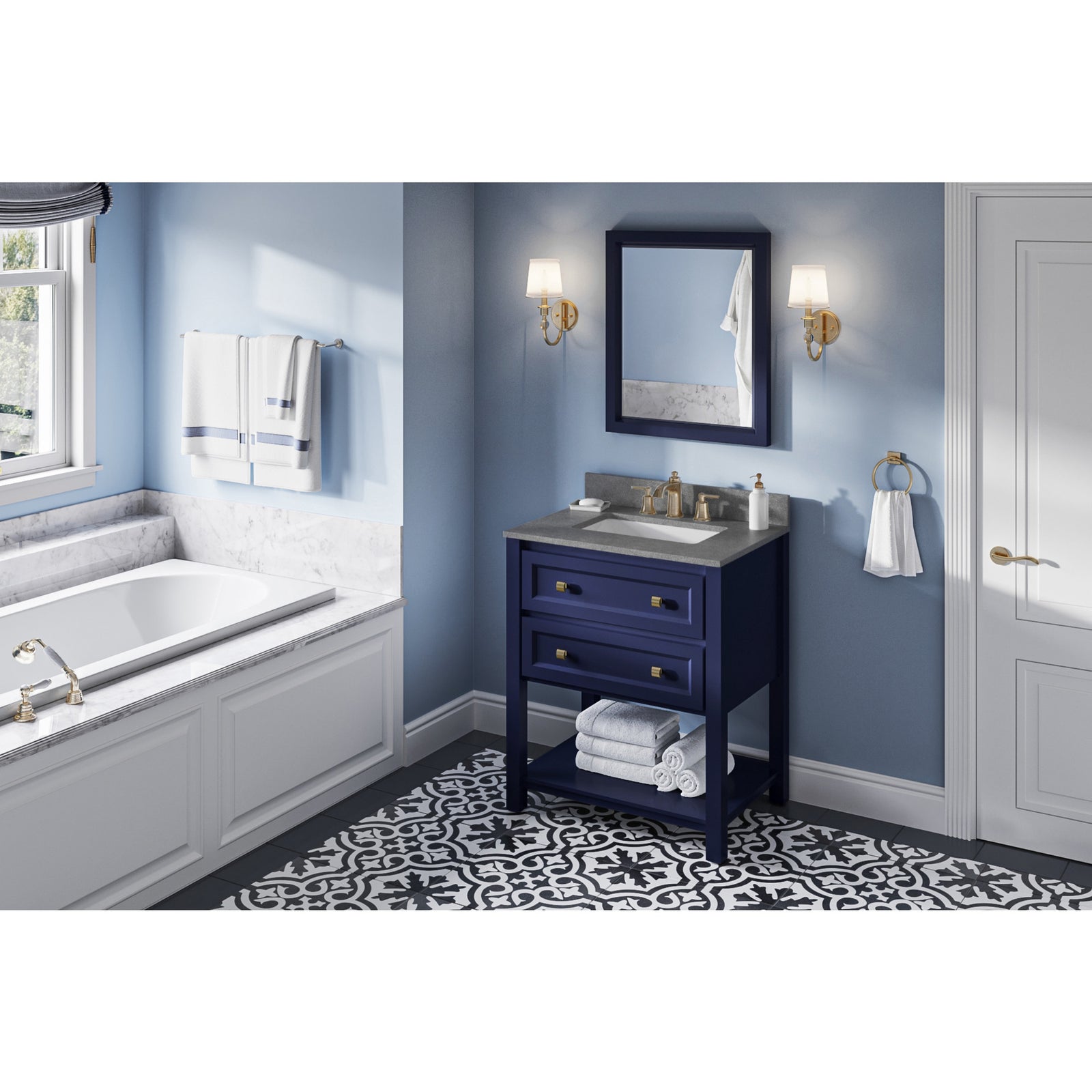 30" Hale Blue Adler Vanity, Steel Grey Cultured Marble Vanity Top, undermount rectangle bowl