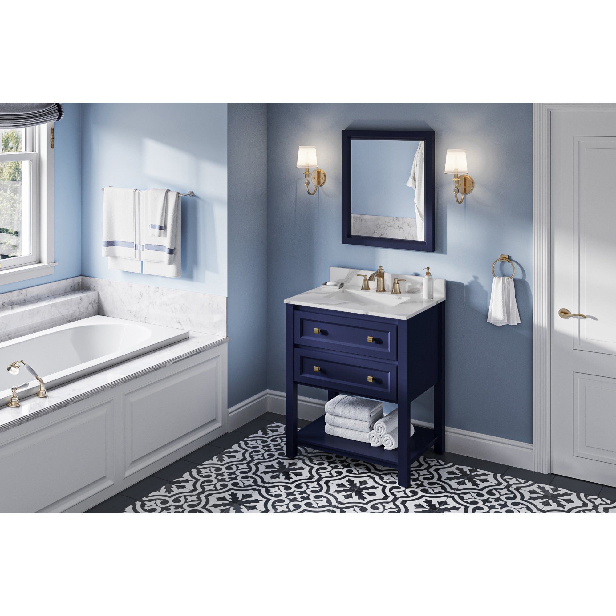 30" Hale Blue Adler Vanity, Calacatta Vienna Quartz Vanity Top, undermount rectangle bowl