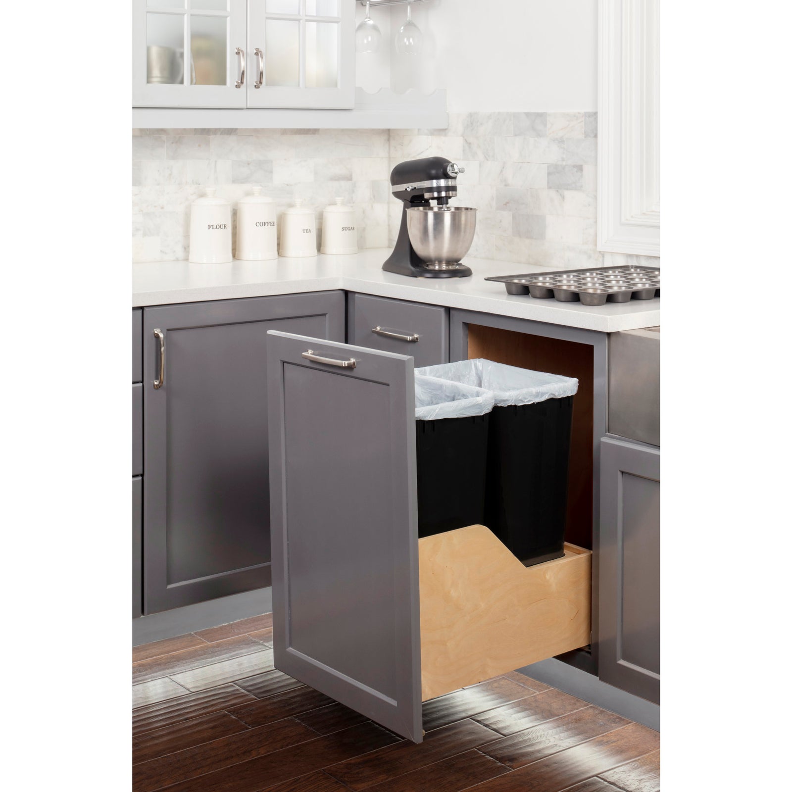 Double 50 Quart Wood Bottom-Mount Soft-close Trashcan Rollout for Door Mounting, Includes Two Black Cans