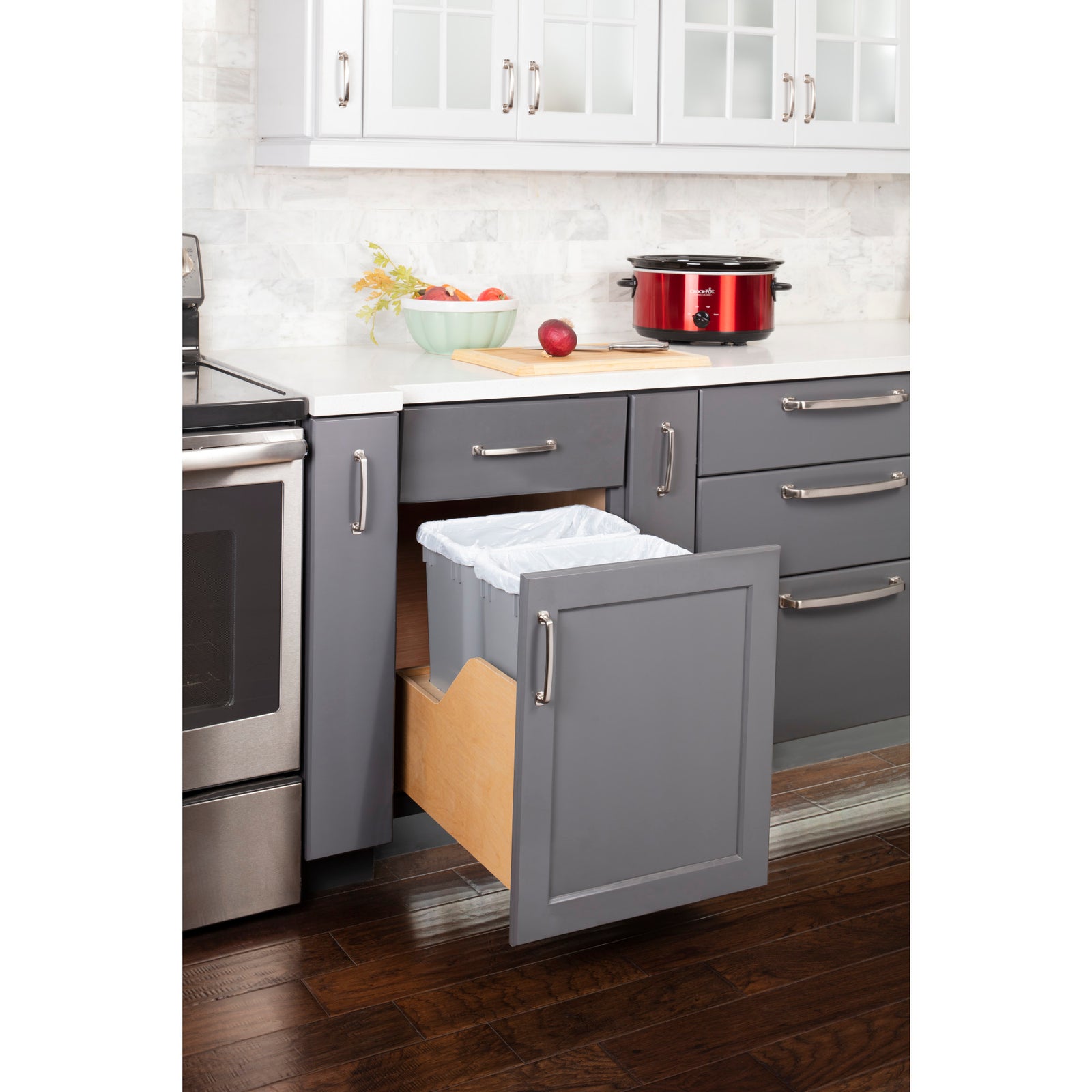 Double 35 Quart Wood Bottom-Mount Soft-close Trashcan Rollout for Door Mounting, Includes Two Grey Cans