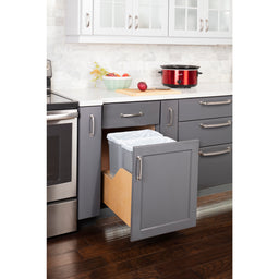 Double 35 Quart Wood Bottom-Mount Soft-close Trashcan Rollout for Door Mounting, Includes Two Grey Cans