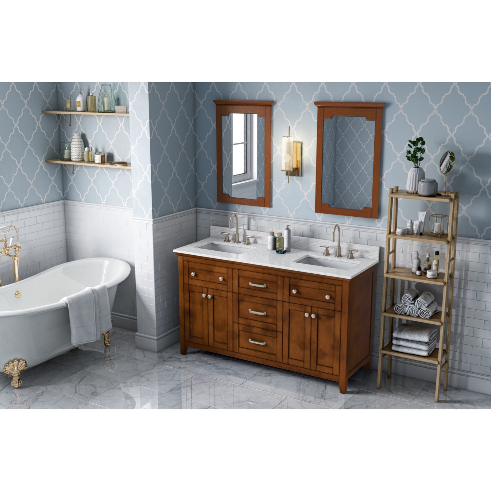 60" Chocolate Chatham Vanity, double bowl, White Carrara Marble Vanity Top, two undermount rectangle bowls