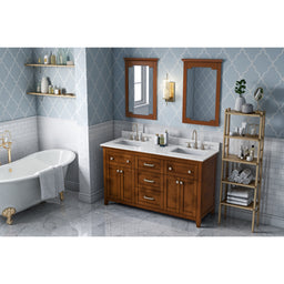 60" Chocolate Chatham Vanity, double bowl, White Carrara Marble Vanity Top, two undermount rectangle bowls