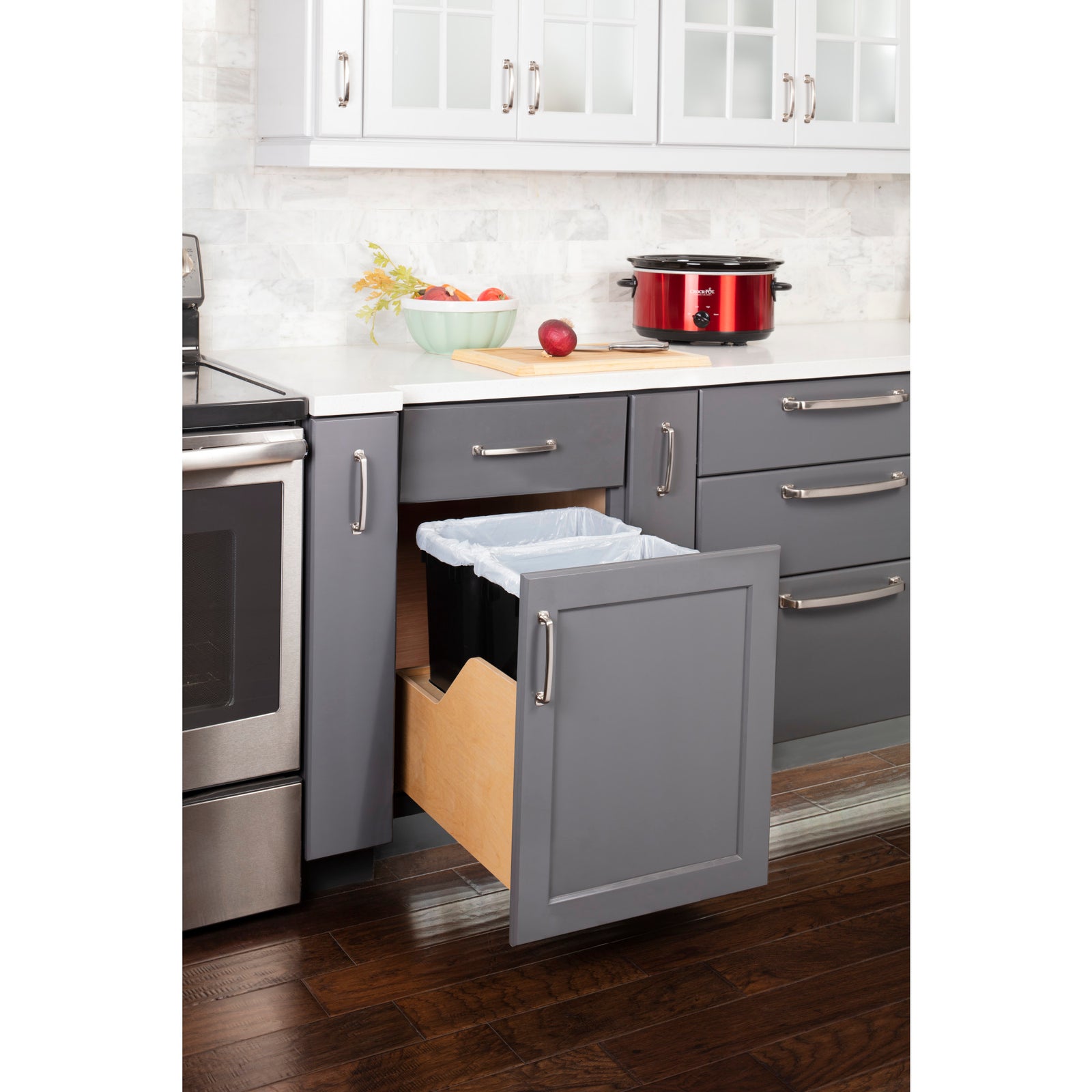 Double 35 Quart Wood Bottom-Mount Soft-close Trashcan Rollout for Door Mounting, Includes Two Black Cans