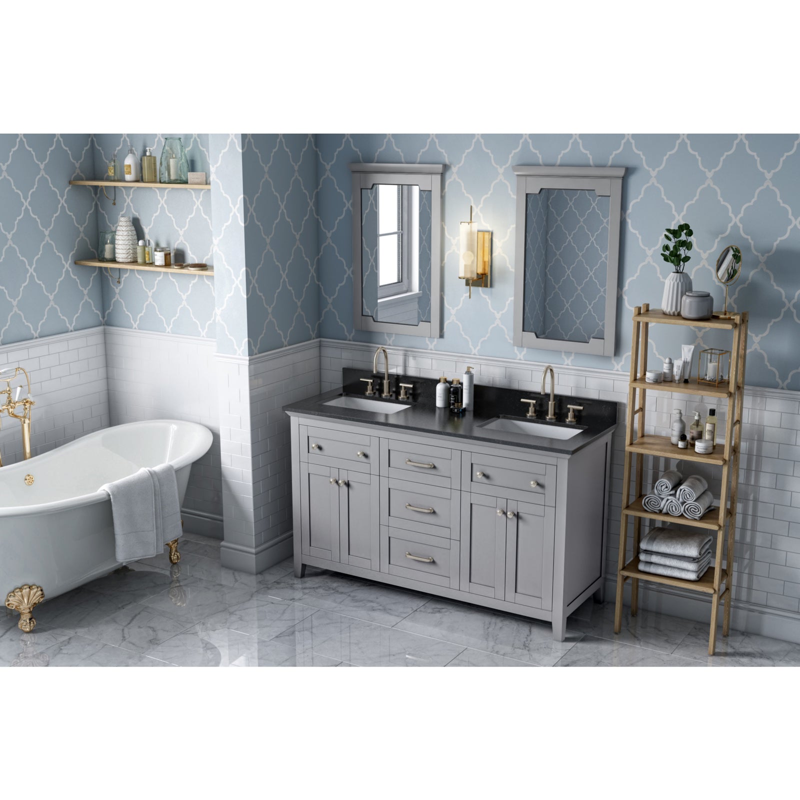 60" Grey Chatham Vanity, double bowl, Black Granite Vanity Top, two undermount rectangle bowls