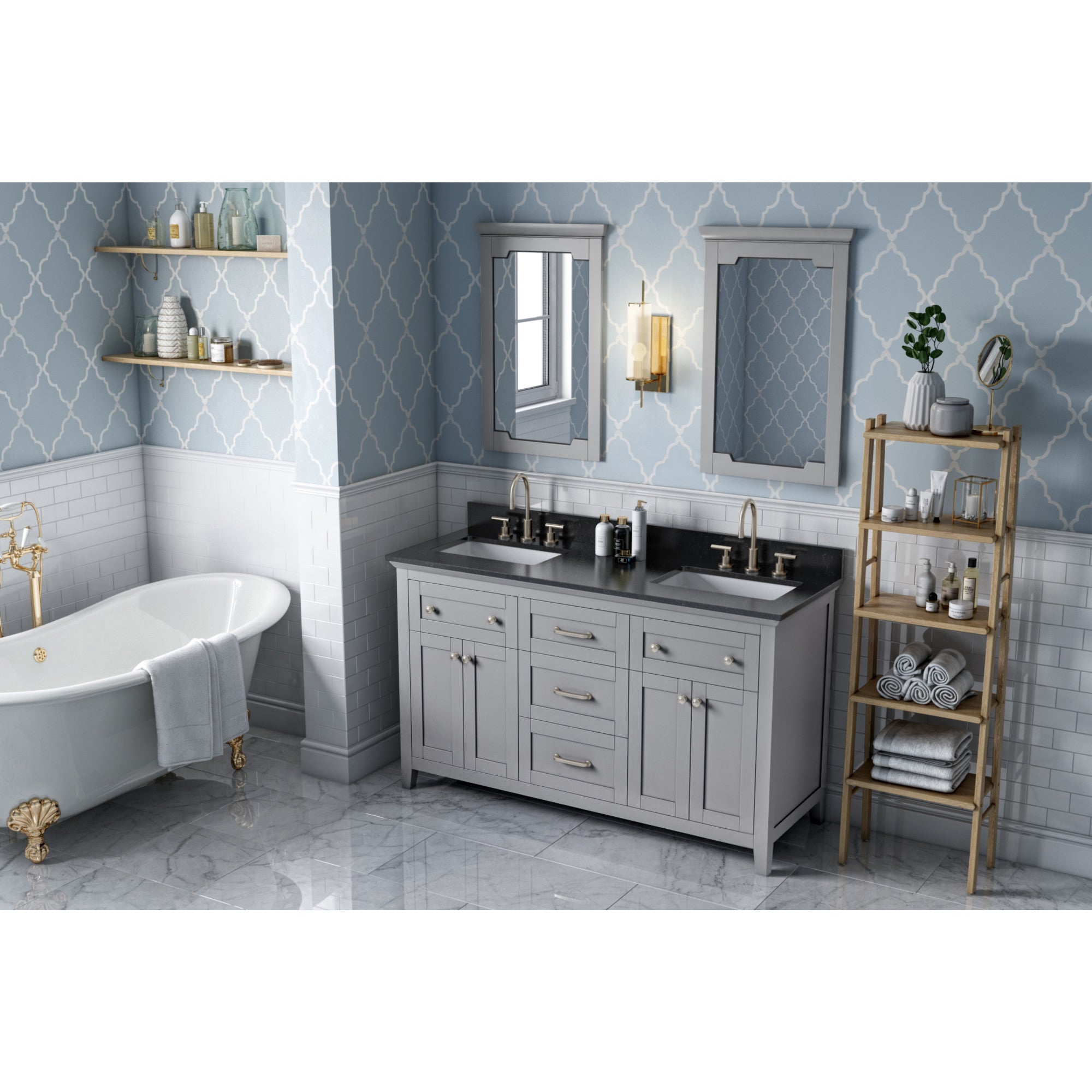 60" Grey Chatham Vanity, double bowl, Black Granite Vanity Top, two undermount rectangle bowls